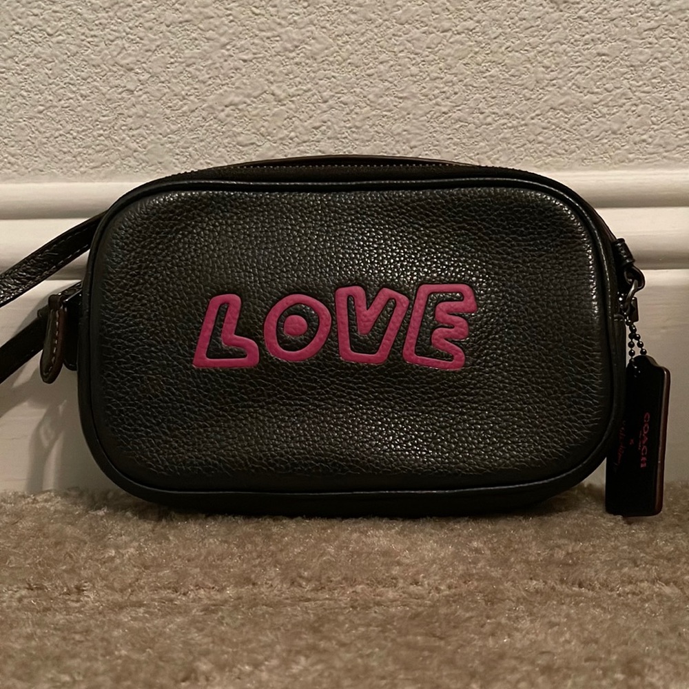 Hard-to-Find Black Leather Coach × Kieth Haring “LOVE" Crossbody Bag EUC